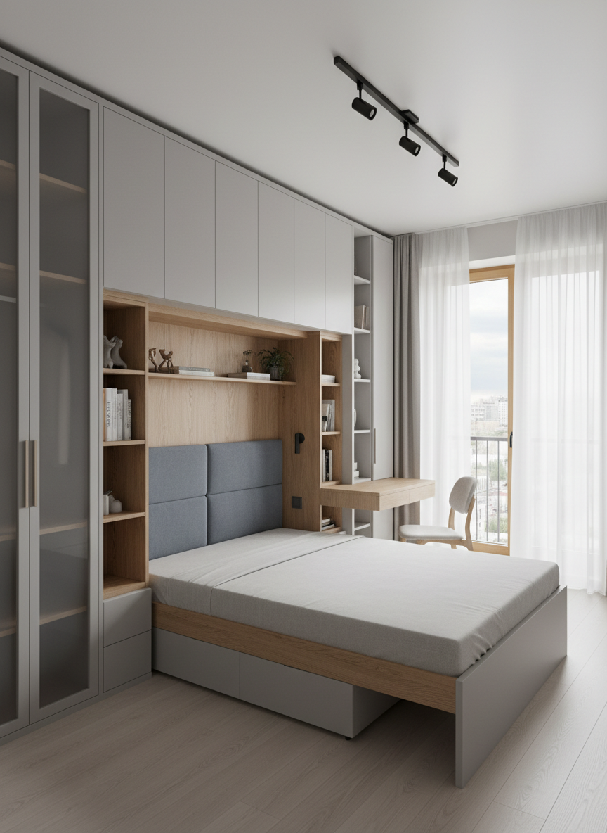 A compact Moscow studio apartment with a multifunctional custom-built корпусная мебель unit that combines a fold-down bed, wardrobe, open shelving, and a small work desk, all in light gray with natural oak inserts. In the lowered position, the bed reveals a neatly upholstered headboard framed by integrated shelves; when imagined closed, it becomes a sleek panel wall. The real interior shows a balcony door with a faint city view and light laminate flooring. Soft overcast daylight fills the space, complemented by a single ceiling track light. Photographic realism, eye-level, three-quarter angle, highlighting how smart custom cabinetry can maximize storage and comfort in a small urban space.
