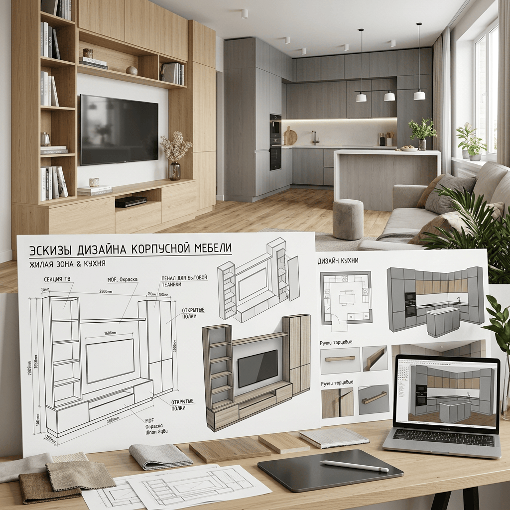 Furniture design sketches for living room and kitchen cabinetry with 3D renderings and measurements on a desk