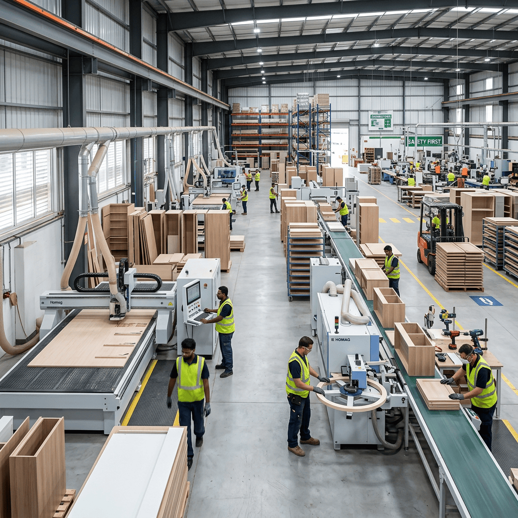 Factory workers assembling wooden furniture on conveyor belts and operating automated machines