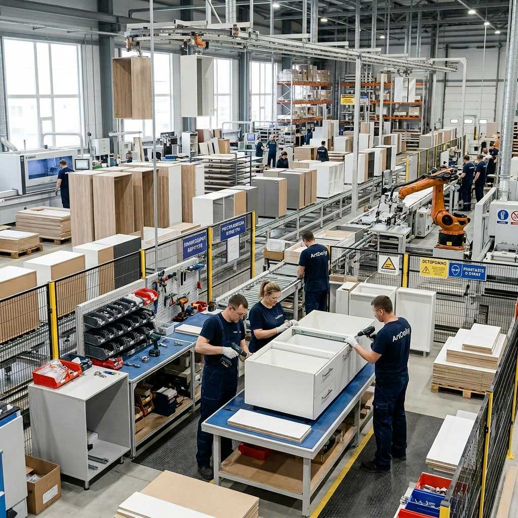 Workers assembling white cabinet units on factory assembly line with robotic machinery