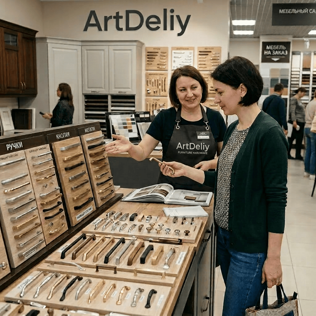 Two women selecting and discussing furniture handles at a showroom counter