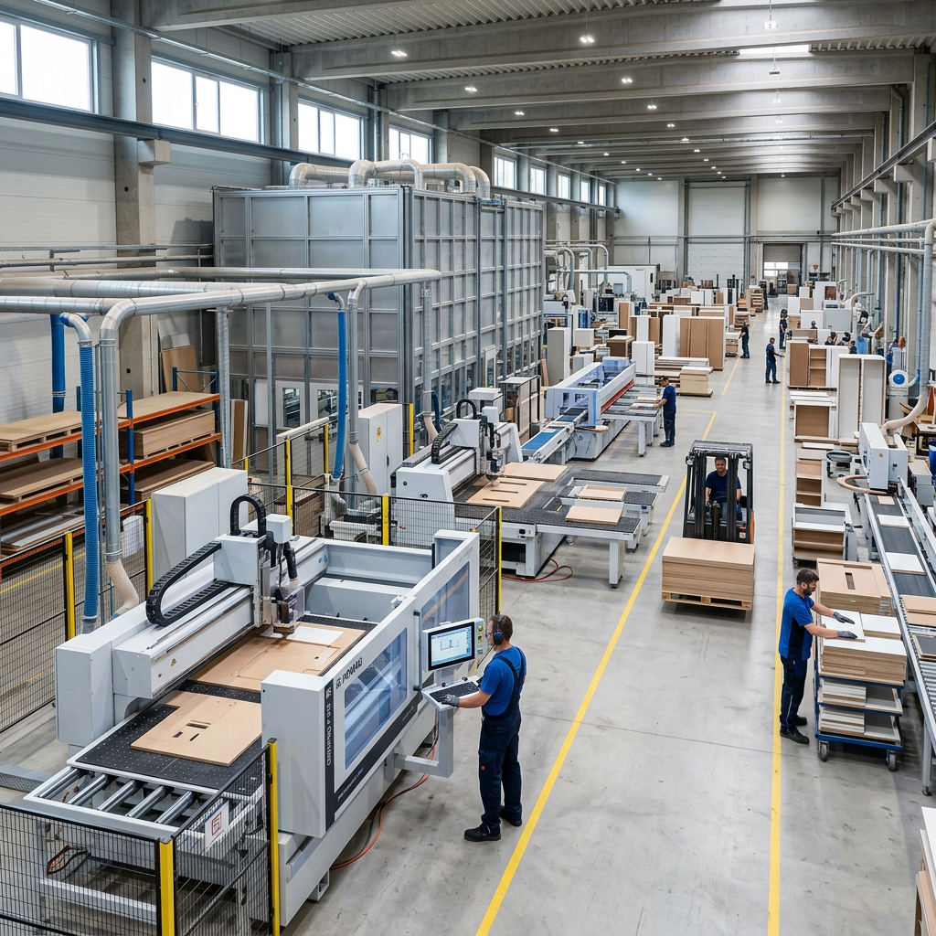 Industrial woodworking factory with automated machines, workers, and wood panels